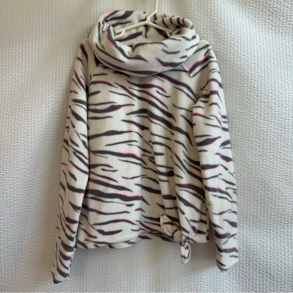 SO Girls White Gray Pink Zebra Print Fleece Cowl Neck Pullover Sweatshirt Size 8